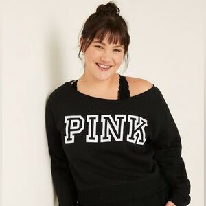 Victoria’s Secret Pink Classic Logo Black Off Shoulder Sweatshirt Size XS NWT